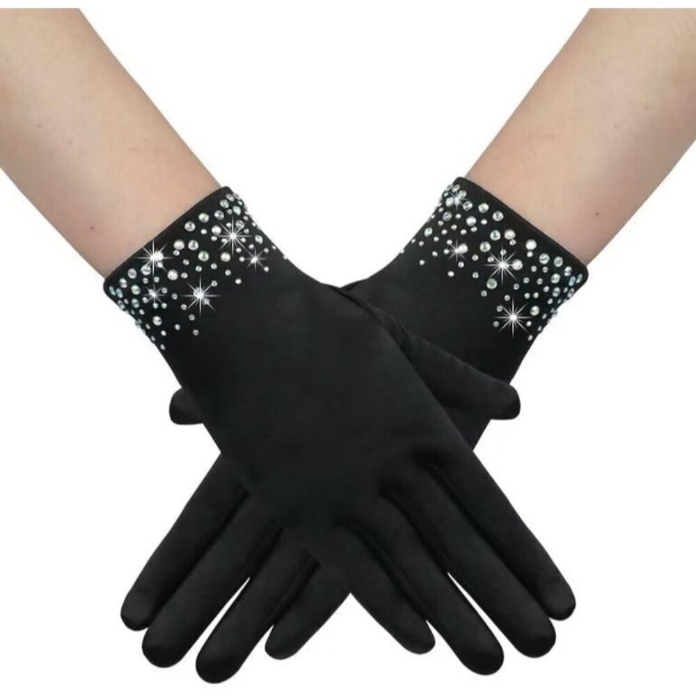 Women's Black Sparkly Glitter Rhinestone Stretchy Satin Wrist Length Gloves